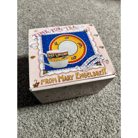 Mary Engelbreit Teacup Saucer Set Welcome Guest With Box Mug Coffee - Picture 1 of 5